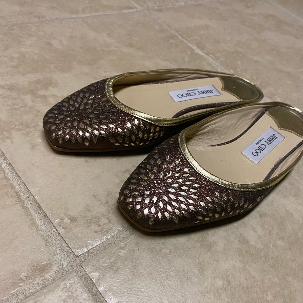 Jimmy Choo Brown & Gold Cutout Slip-On Flats - Picture 5 of 12